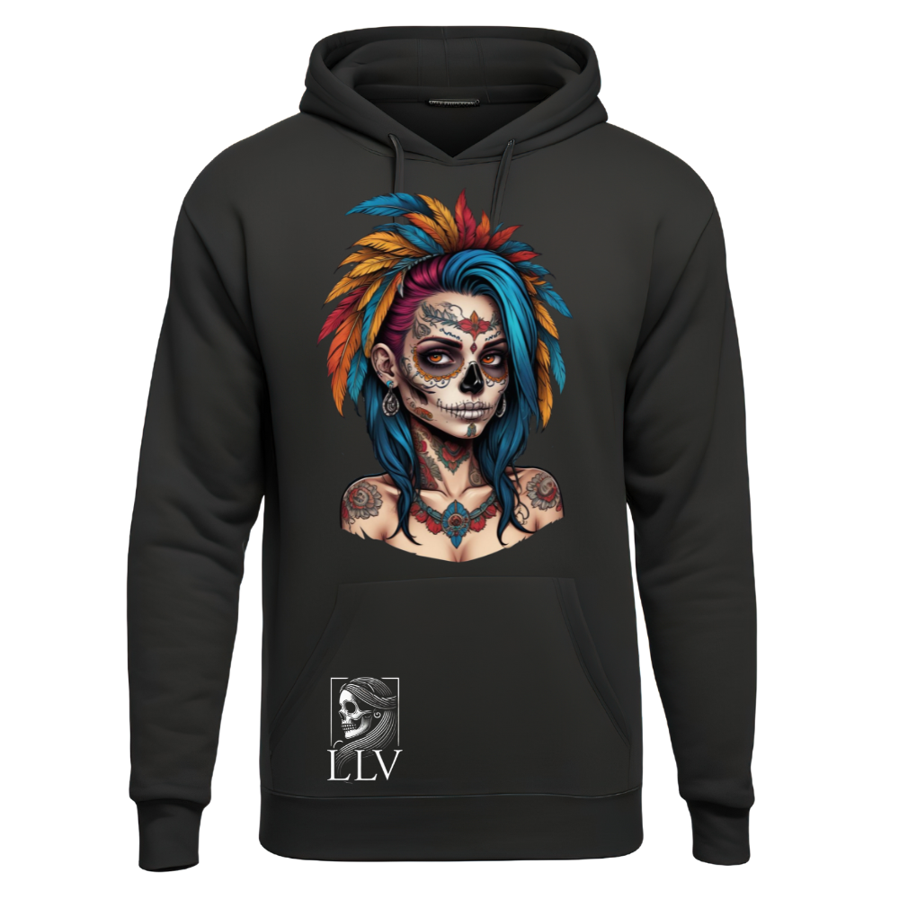 Schwarzer Damen-Hoodie mit buntem Totenkopf-Print