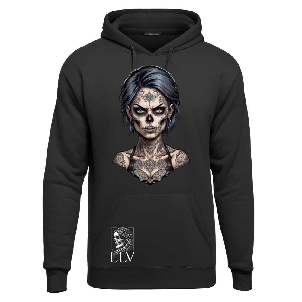Schwarzer Damen-Hoodie mit buntem Totenkopf-Print