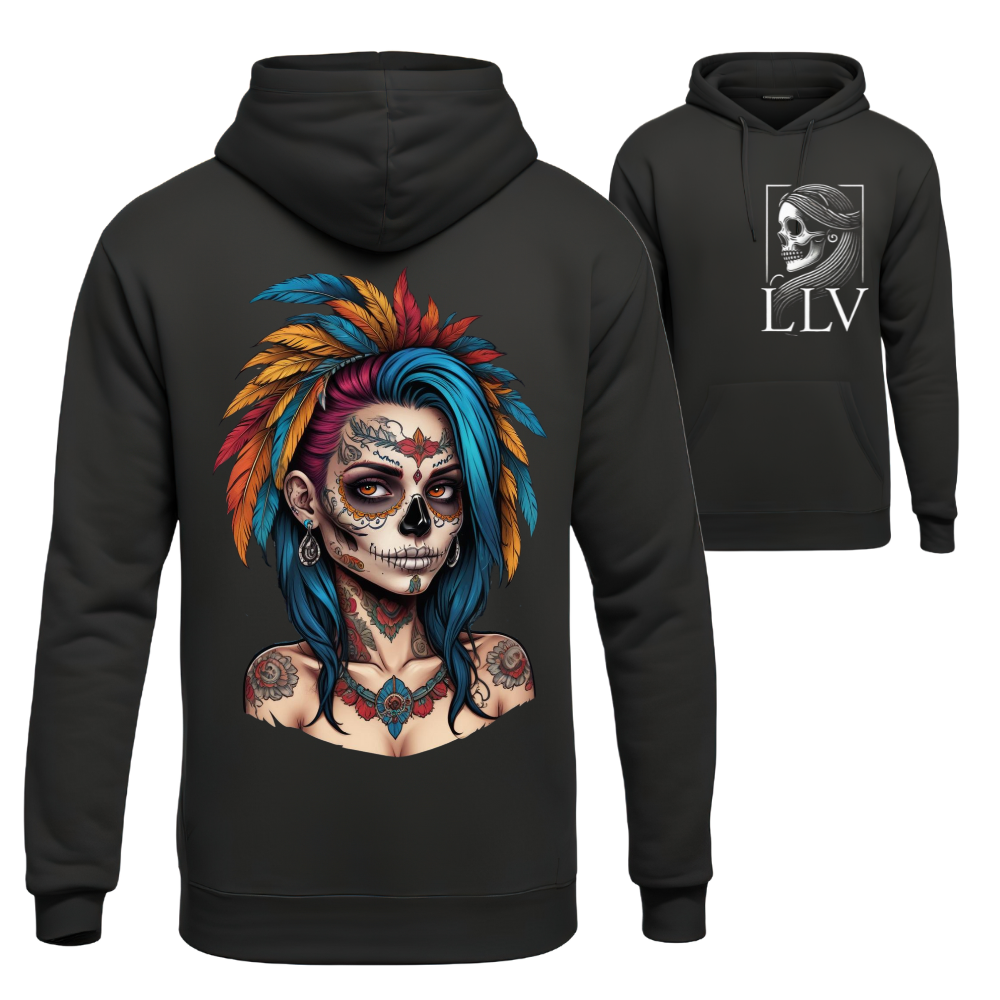 Schwarzer Damen-Hoodie mit buntem Totenkopf-Print