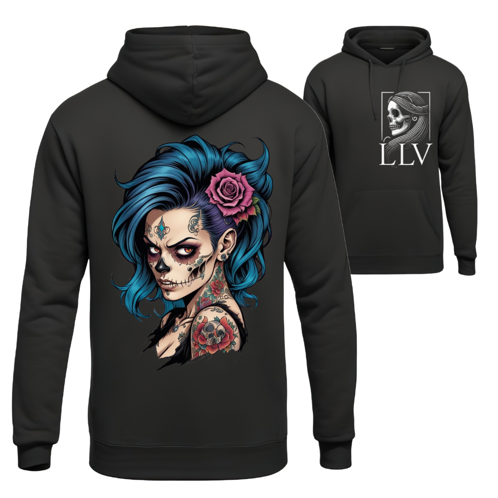 Schwarzer Damen-Hoodie mit buntem Totenkopf-Print